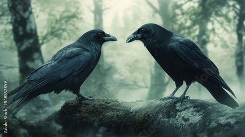 Two Ravens in a Foggy Forest