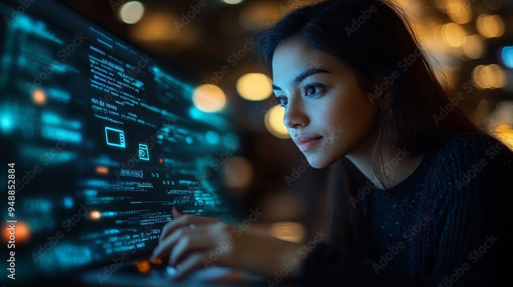 Woman is intently looking at a computer screen with code and data, illuminated by ambient lights in the background Woman is intently looking at a computer screen with code and data, illuminated by ambient lights in the background
