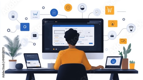 Person at a desk working on multiple screens, surrounded by icons representing various online tasks and applications