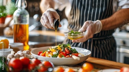 Cook in apron adding some sauce to dish. Cropped chef preparing food, meal, in kitchen, chef cooking, Chef decorating dish, closeup 