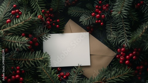 Overhead view of a blank card and envelope on fir branches and berries