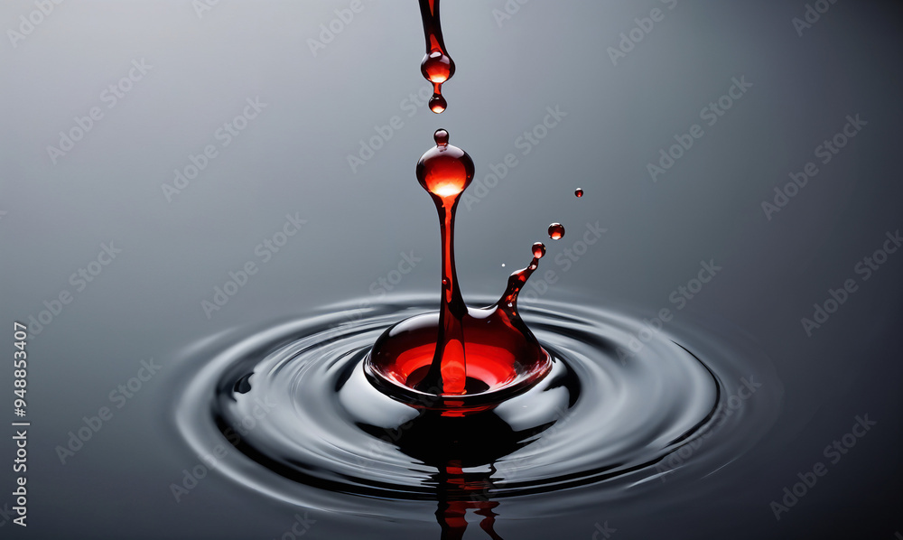 A red water droplet with a crown-like shape, suspended in the air above a rippling water surface