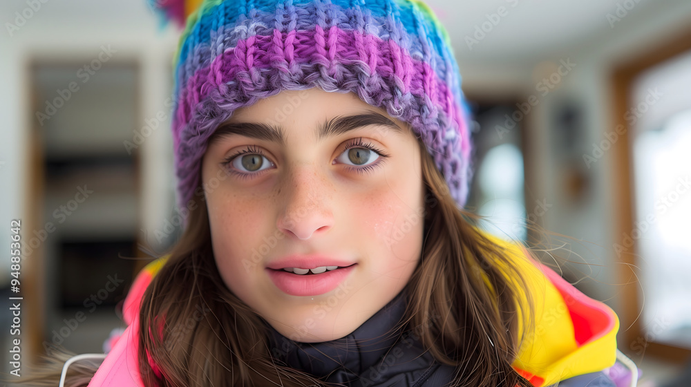 Retrato de niña con gorro de invierno multicolor y chaqueta brillante Retrato de niña con gorro de invierno multicolor y chaqueta brillante