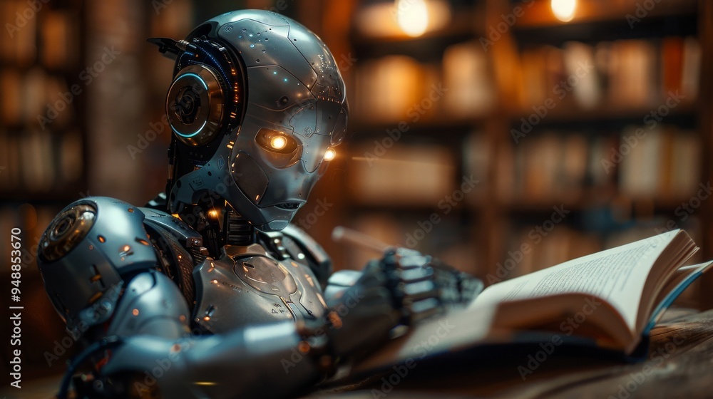 Futuristic robot with glowing eyes is in a library reading a book, surrounded by shelves full of books Futuristic robot with glowing eyes is in a library reading a book, surrounded by shelves full of books