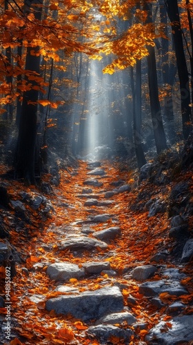 Sunlit forest path with stone steps, surrounded by tall trees and covered in vibrant, fallen autumn leaves