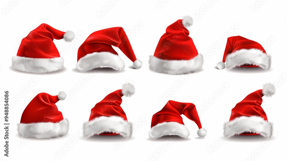Realistic set of red santa hats. New Year red hat. - stock vector. Realistic set of red santa hats. New Year red hat. - stock vector.