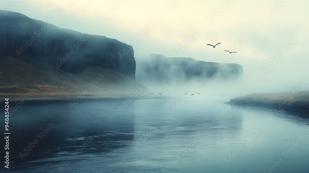 Naklejka premium Serene river flows between mist-covered cliffs, while birds soar gracefully in the cloudy sky above tranquil waters