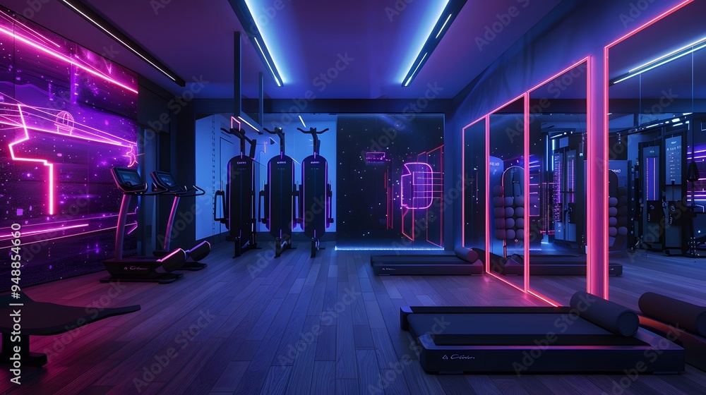 Modern Fitness Studio with Neon Lights and Mirrors Modern Fitness Studio with Neon Lights and Mirrors