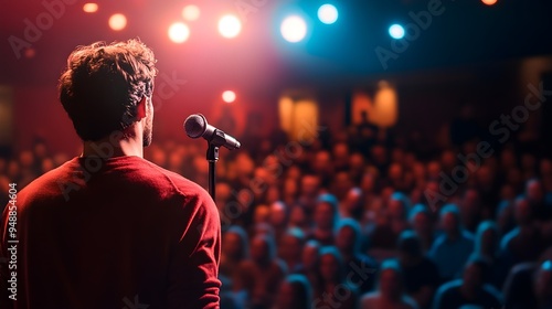 A comedian on stage delivering a punchline, with a microphone in hand and a captivated audience in the background