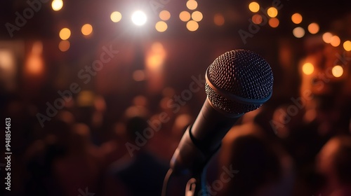 A comedian on stage delivering a punchline, with a microphone in hand and a captivated audience in the background