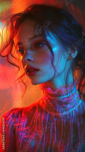 Woman with wavy hair and a colorful, illuminated background gazes to the side, creating a vibrant, artistic portrait