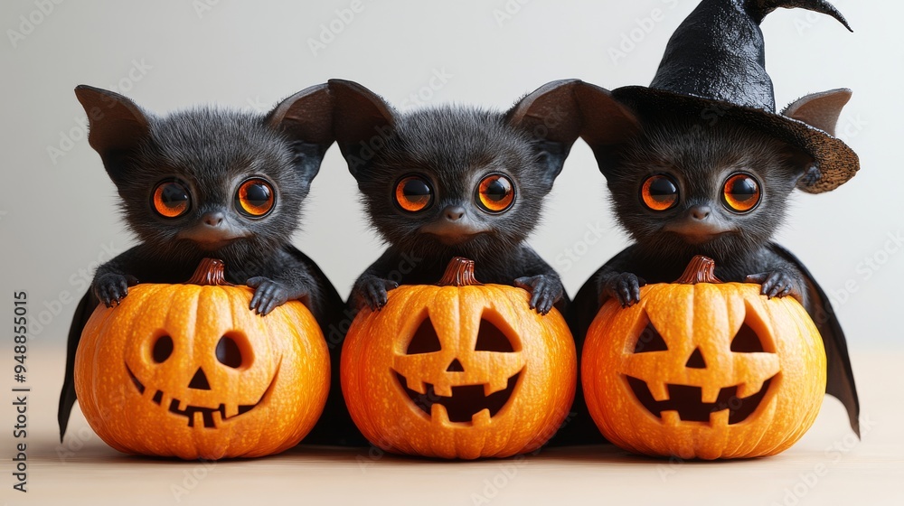 Three adorable black bats with large eyes are perched inside carved pumpkins, and one bat is wearing a witch's hat Three adorable black bats with large eyes are perched inside carved pumpkins, and one bat is wearing a witch's hat