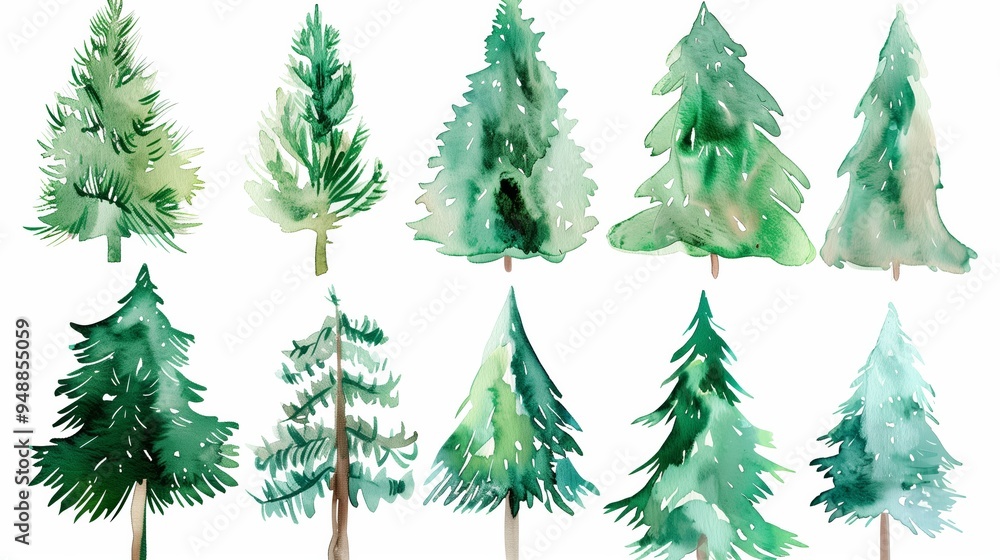 Obraz premium Set of watercolor christmas trees, hand drawn on a white background. Christmas card. 