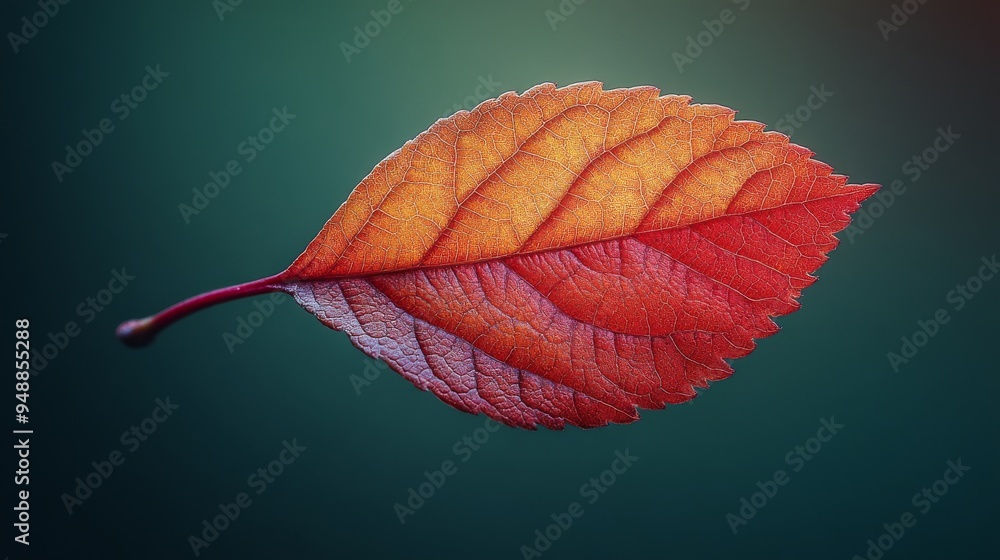 Detailed, close-up view of a single red leaf with intricate veins against a dark green background