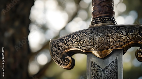A close-up of a sword hilt featuring detailed engravings, set against a soft pastel backdrop that enhances the metalwork
