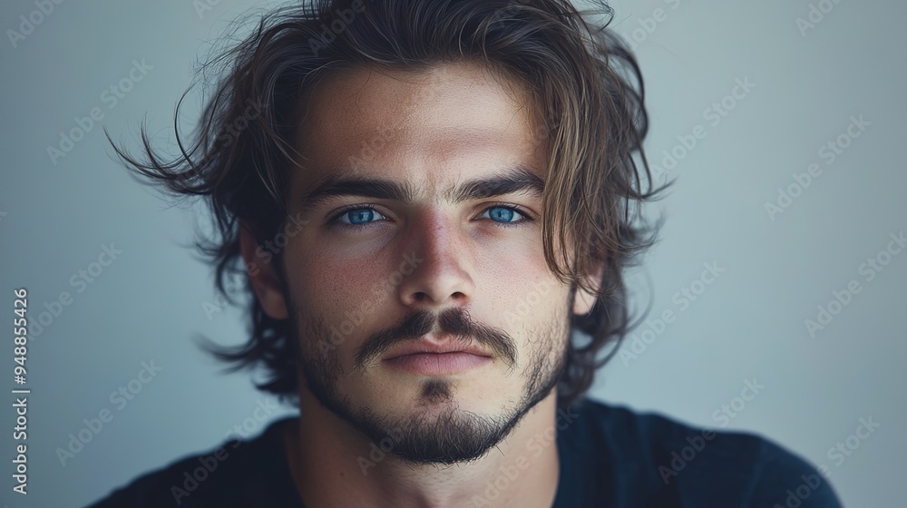 Close-up portrait of a man with blue eyes and wavy hair, neutral expression Close-up portrait of a man with blue eyes and wavy hair, neutral expression