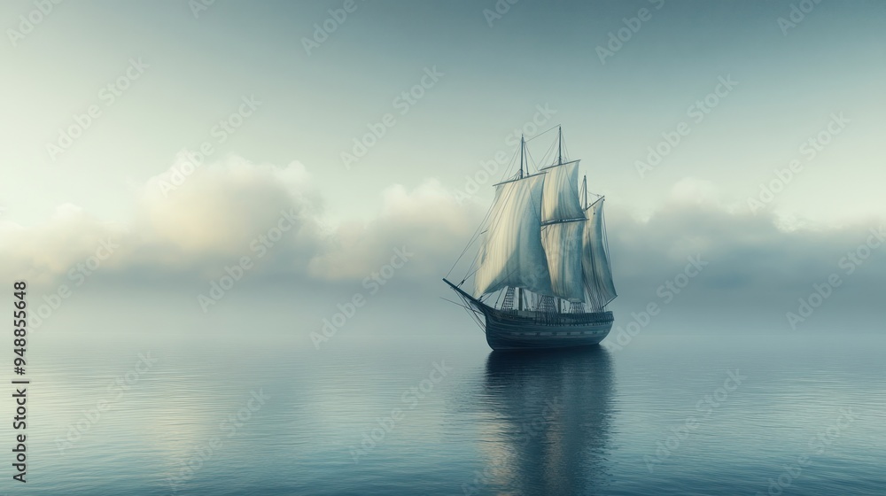 Solitary Sailboat in Misty Sea Solitary Sailboat in Misty Sea