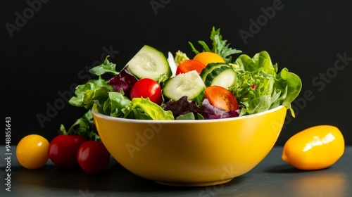 A vibrant and healthy salad with mixed greens, cucumbers, tomatoes, and yellow peppers. The salad is presented in a bright yellow bowl, making it a visually appealing and appetizing dish. This salad s photo