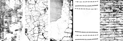 Halftone grunge vertical textured overlay backgrounds set. Cracked concrete, peeling wall, distressed paper, barbed wire, aged brick. Trendy vector illustration for banner, cover, music album design