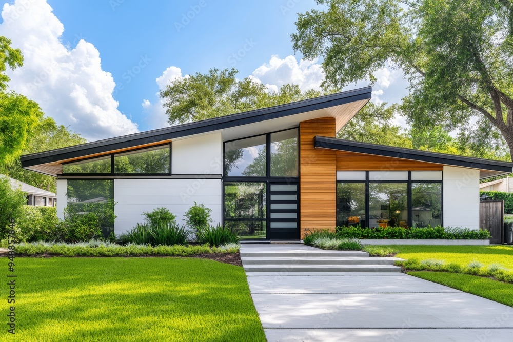 This stunning front view showcases a modern white brick home featuring dark wood accents and a stylish gable roof, beautifully landscaped and situated in the upscale area of Beverly Hills, California This stunning front view showcases a modern white brick home featuring dark wood accents and a stylish gable roof, beautifully landscaped and situated in the upscale area of Beverly Hills, California