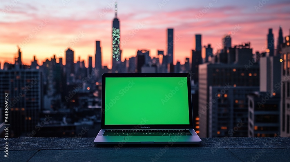 Obraz premium Open laptop with green screen on a rooftop at sunset, cityscape in the background