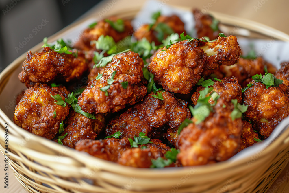 Crispy air fryer cauliflower bites garnished with fresh herbs served in a woven basket Crispy air fryer cauliflower bites garnished with fresh herbs served in a woven basket