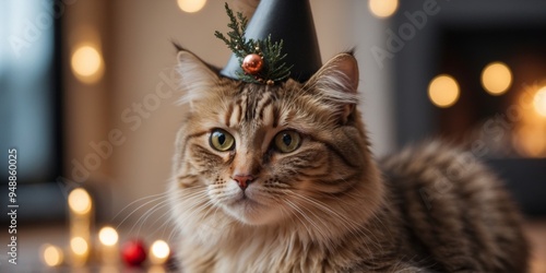 Party celebration cat wearing festive hat indoors. photo