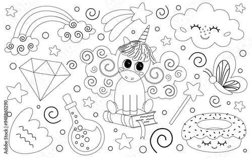 Coloring page a magical set of elements with a unicorn, a cute cloud, magic objects and stars, a donut and wings, potions and a diamond, a butterfly and a rainbow.
