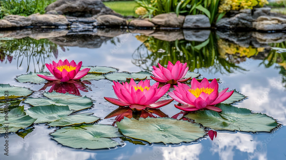 Smooth stone in the center of a pond with lotus flowers and a sky reflection Smooth stone in the center of a pond with lotus flowers and a sky reflection