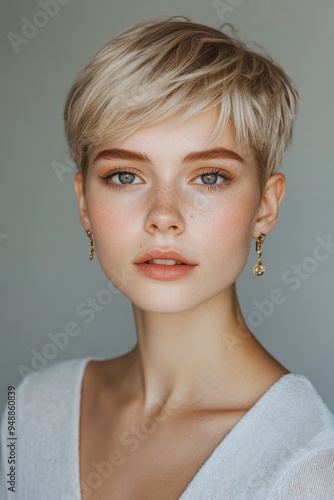 Stylish woman with short blonde hair and green eyes.