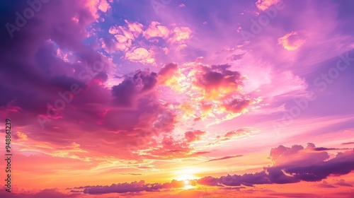 Sunset Sky Clouds in the evening with Red, Orange, Yellow and purple sunlight on Golden hour after sundown, Romantic sky in summer on Dusk Twilight 