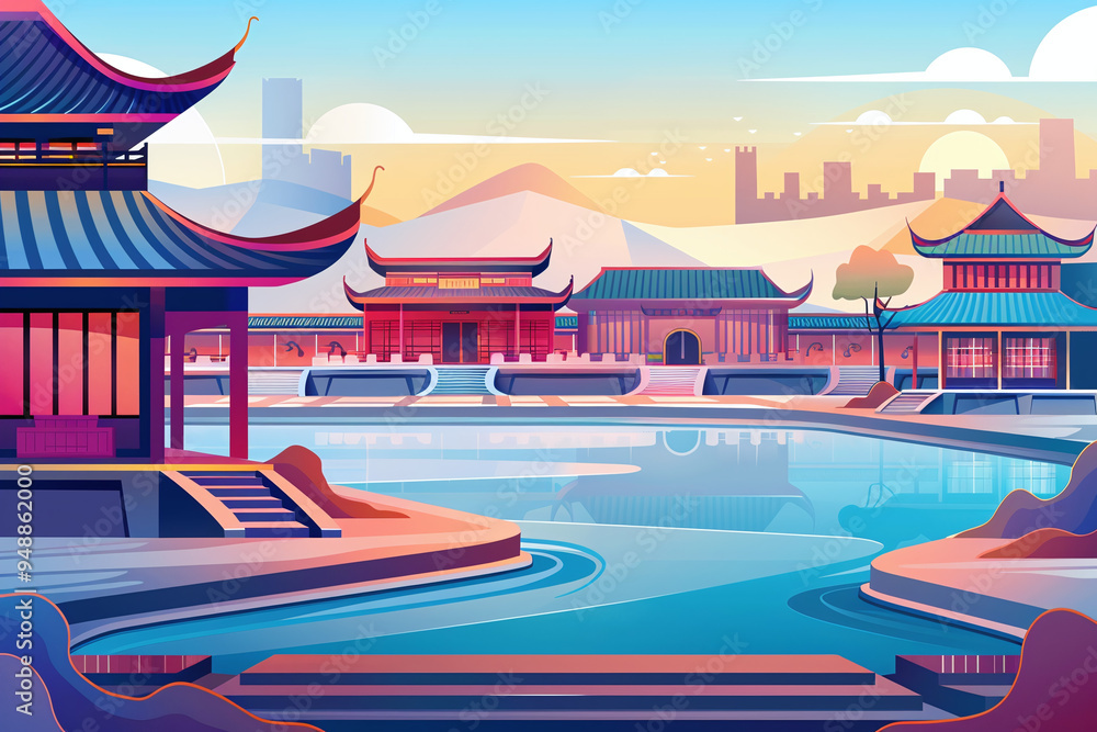 Fototapeta premium flat vector illustration of an ancient Chinese courtyard with a central pond, elegant pavilions, and traditional architecture