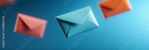 Three colorful envelopes float in a digital space, symbolizing communication, connection, information delivery, digital transformation, and the future of messaging.