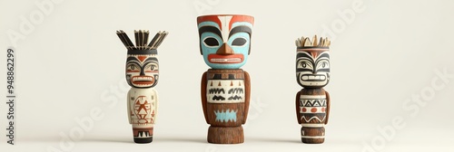 Three intricately carved totem sculptures showcasing vibrant colors, intricate patterns, and traditional tribal designs, representing spiritual guardians and cultural heritage.