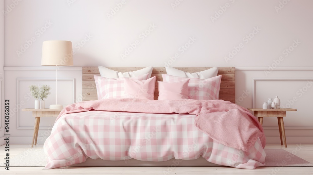 King-size bed with soft bedhead and pastel pink bedding in feminine room. Neural network ai generated art King-size bed with soft bedhead and pastel pink bedding in feminine room. Neural network ai generated art