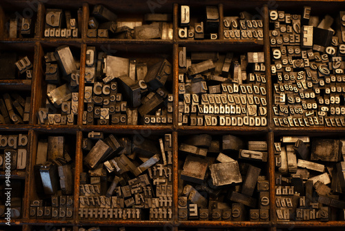 typographical characters in a wooden box