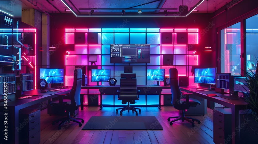 Modern Gaming Studio with Neon Lights and Multiple Monitors Modern Gaming Studio with Neon Lights and Multiple Monitors