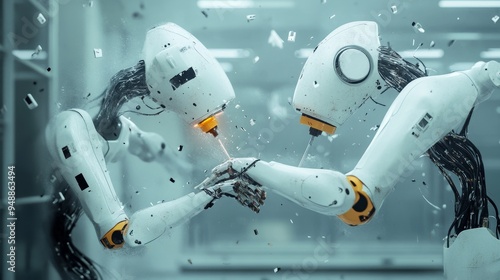 Two white humanoid robots are depicted in a futuristic lab setting, amidst the chaos of a tornado. The robots, with their sleek and advanced designs, appear to be helping each other amidst the destruc