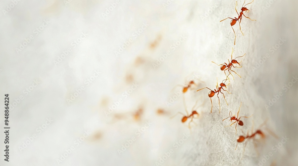 Naklejka premium Red ants climb wall with water droplets
