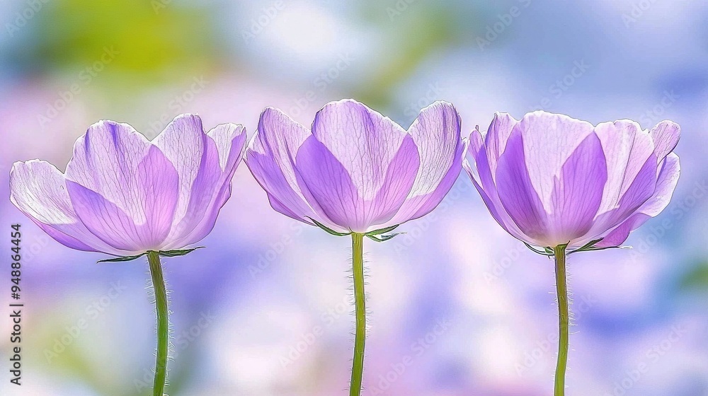 Three purple flowers in sharp focus against a soft, out-of-focus backdrop Three purple flowers in sharp focus against a soft, out-of-focus backdrop