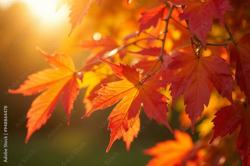 Close-up of vibrant red and orange maple leaves illuminated by warm sunlight in autumn Close-up of vibrant red and orange maple leaves illuminated by warm sunlight in autumn