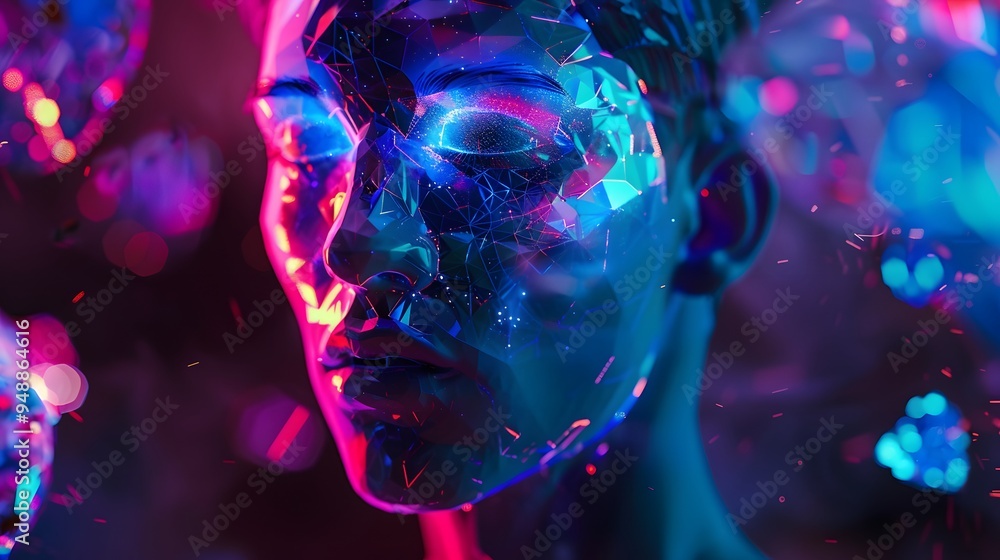 Abstract Portrait of a Person with a Polygonal Face in Neon Lights Abstract Portrait of a Person with a Polygonal Face in Neon Lights
