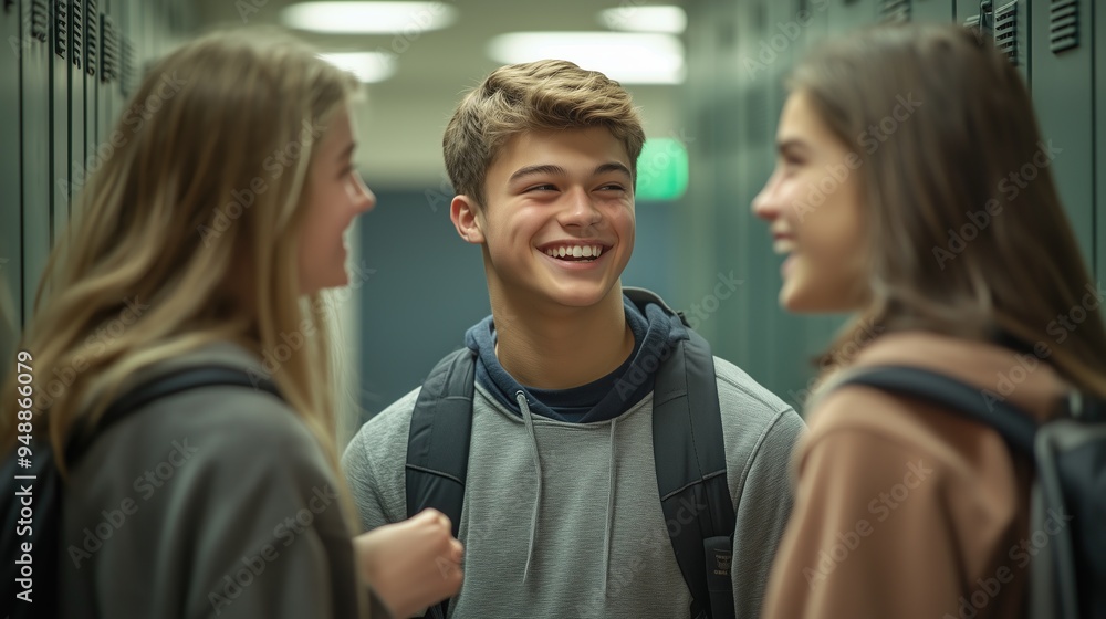 Smiling teenage boy chatting with two girls in school hallway Smiling teenage boy chatting with two girls in school hallway