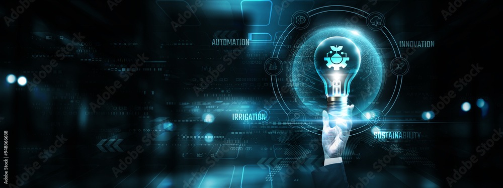 Fototapeta premium Agriculture Technology: Hands of businessman holding light bulb and agriculture technology icon with data network digital technology. Precision farming, sustainability, automation, innovation.