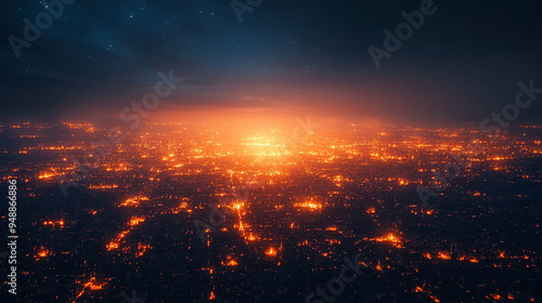 cityscape at night, featuring glowing neon lights, towering skyscrapers, and futuristic architecture. The scene captures an urban landscape with a dynamic, tech-inspired atmosphere