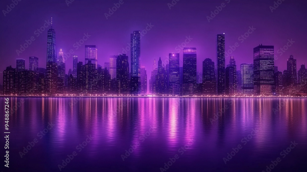 Fototapeta premium cityscape at night, featuring glowing neon lights, towering skyscrapers, and futuristic architecture. The scene captures an urban landscape with a dynamic, tech-inspired atmosphere