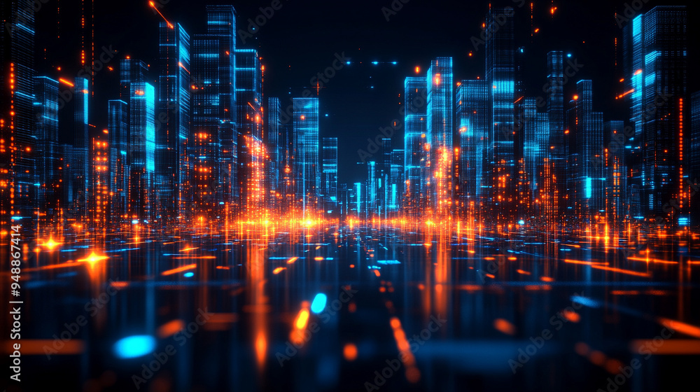 Fototapeta premium cityscape at night, featuring glowing neon lights, towering skyscrapers, and futuristic architecture. The scene captures an urban landscape with a dynamic, tech-inspired atmosphere