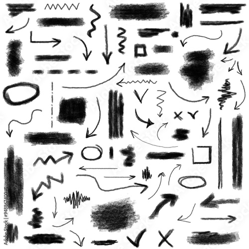 Collection of arrows. One-stroke drawing. Hand-drawn by brush. Straight, round, thick, thin, spiral signs and icons.