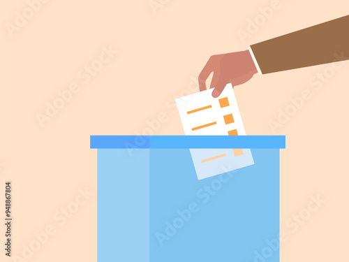 Hand throws a ballot into the ballot box. Elections, voting box. Cast a vote. Elections, voting process. Design for advertising, brochure, promotional products and campaigning. Vector illustration