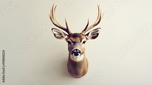 A beautifully mounted deer head with intricate taxidermy details, set against a light solid color background, emphasizing its lifelike features